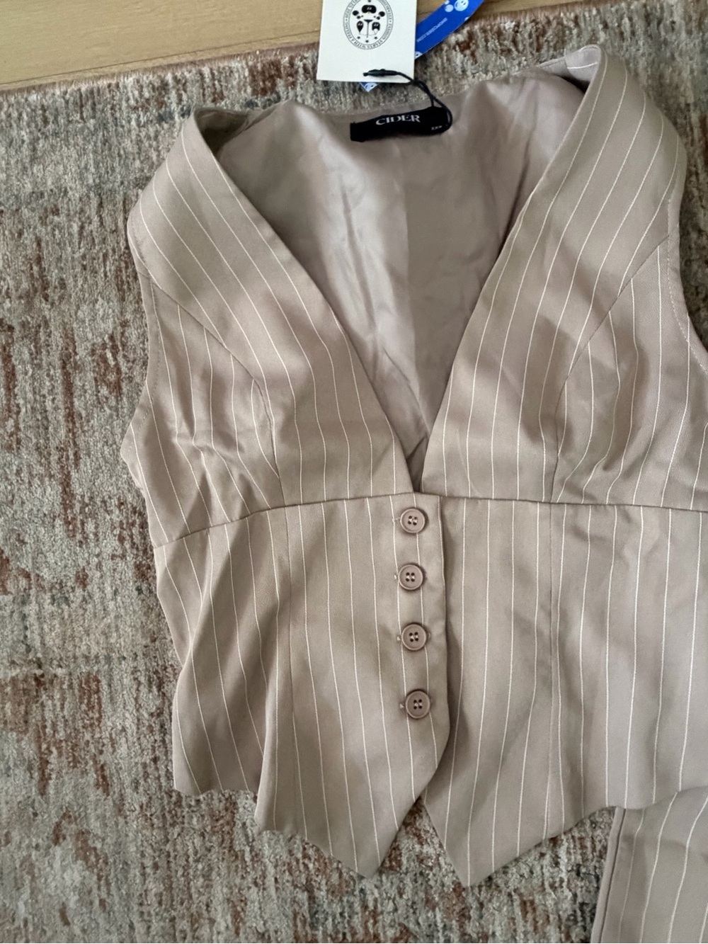 Cider Beige Pinstripe Wide-Leg Pants with Matching Vest - Picture 2 of 4